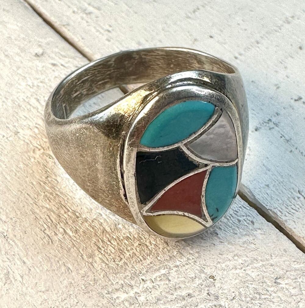 Sterling Silver Southwestern Signed EDB Mosaic Scale Inlay Ring 11.25g Size 11